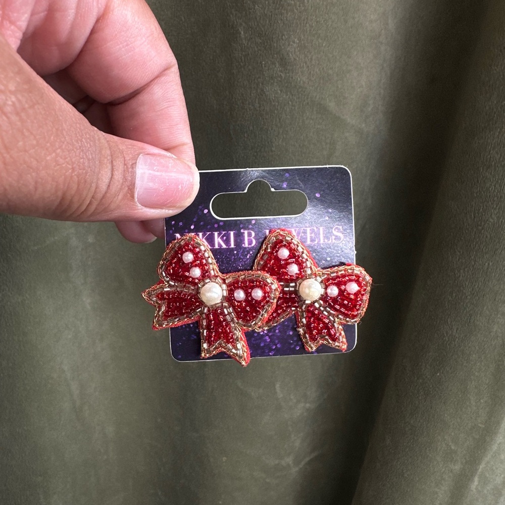 Red Bow Earrings with Pearl Accents